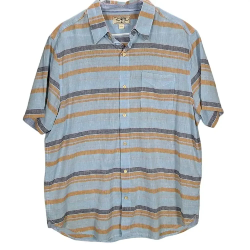 Linen Blend Shirt Mens Large Blue Striped Short Sleeve Button Cotton Beachy